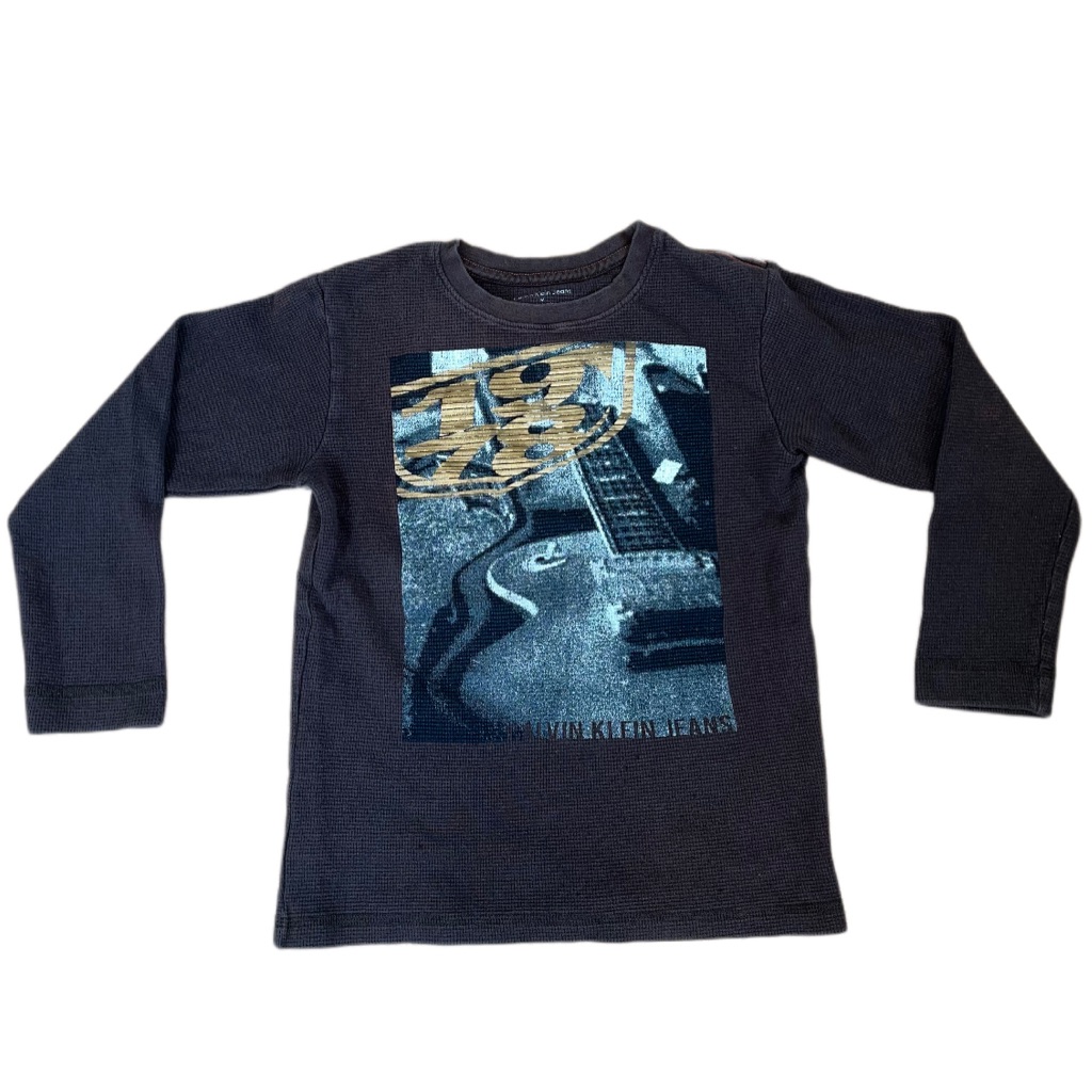 Y2k 1978 Calvin Klein B&W Acoustic Guitar Graphic Waffle Knit Long Sleeve Shirt